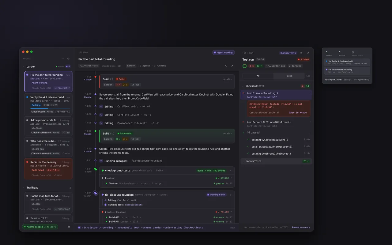 Agent Activity window with a session timeline running from a failed build to a green one, beside its menu bar panel counting one build, one working agent and none waiting