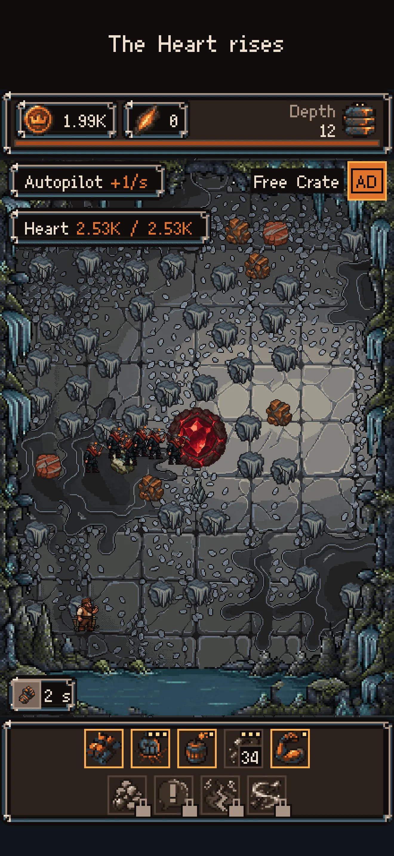 Dwarves gather around a glowing red Heart in a rocky cave, under the caption The Heart rises