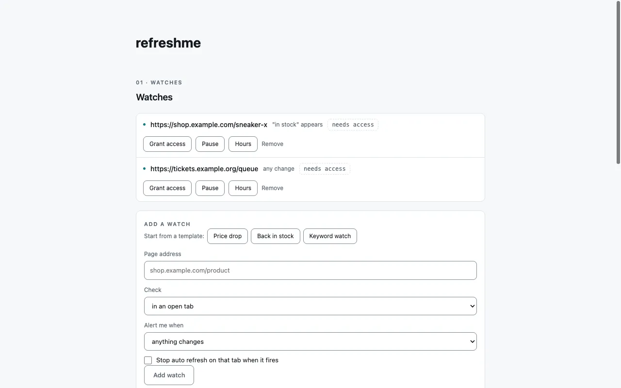 refreshme watches list with two pages waiting for site access, above the form for adding a new watch