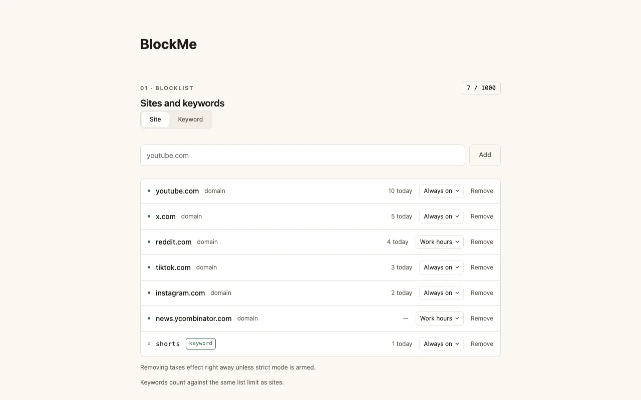 BlockMe blocklist with six sites and one keyword, each showing today's blocked attempts and its schedule