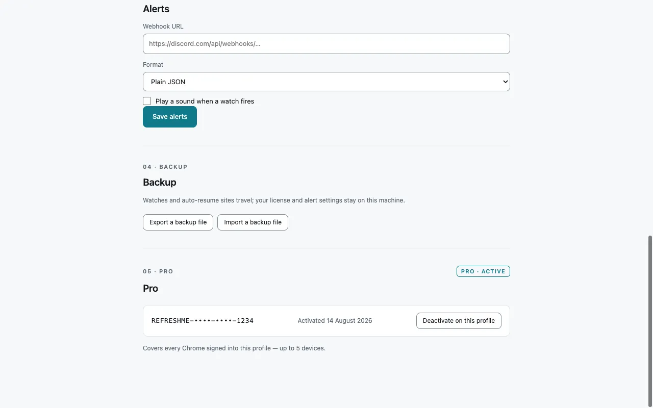 Alerts, backup and Pro settings: a webhook URL in plain JSON format and an active Pro licence