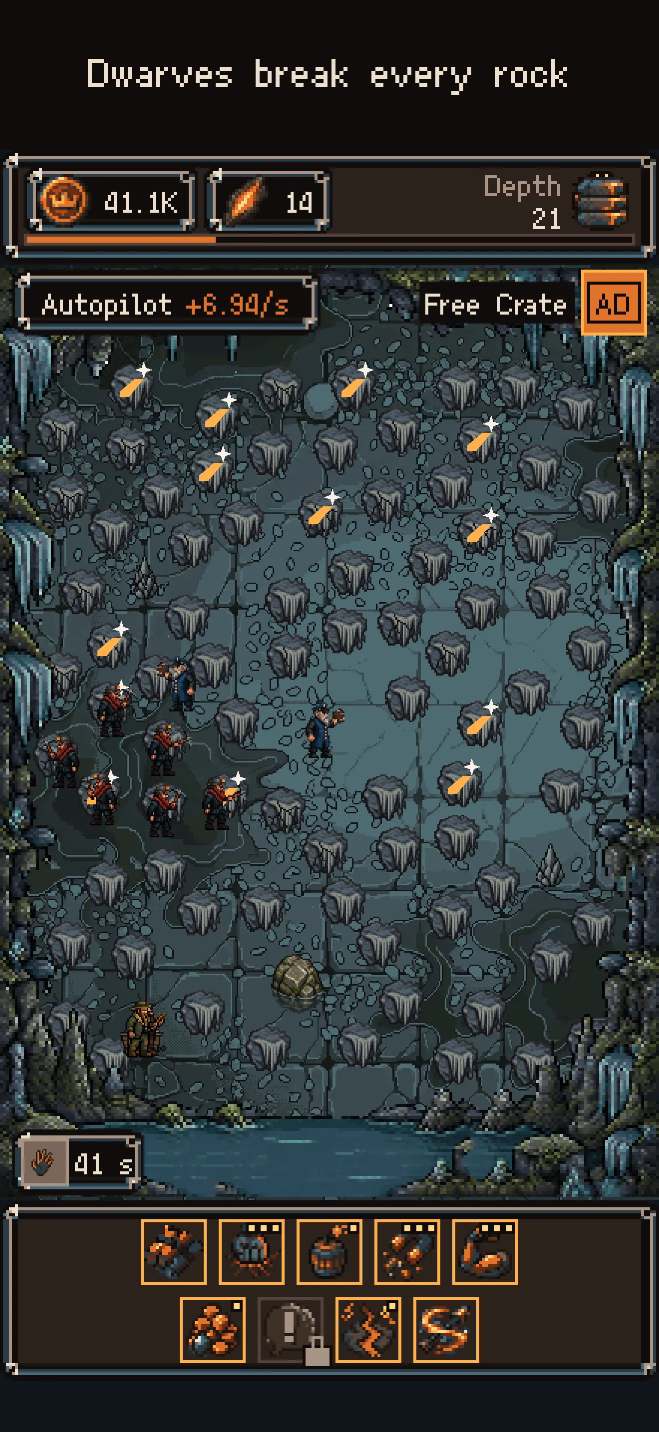 A cave of grey rocks with dwarves breaking them and gold ore sparkling, under the caption Dwarves break every rock