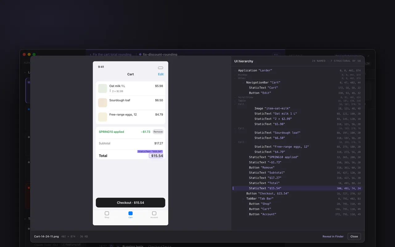 Agent Activity showing a simulator screenshot of a shopping cart beside the UI hierarchy tree the agent captured from it