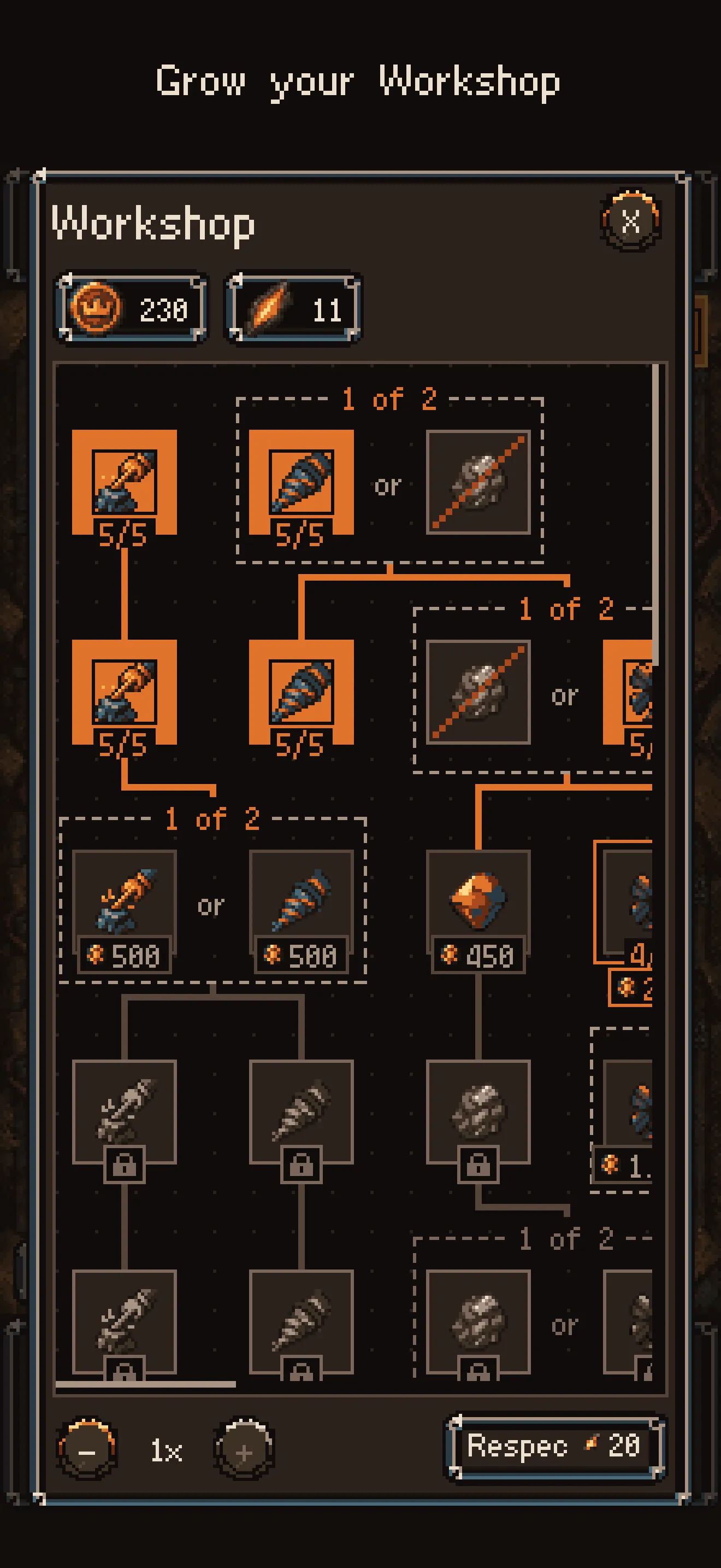The Workshop upgrade tree with orange unlocked nodes and one-of-two choices, under the caption Grow your Workshop