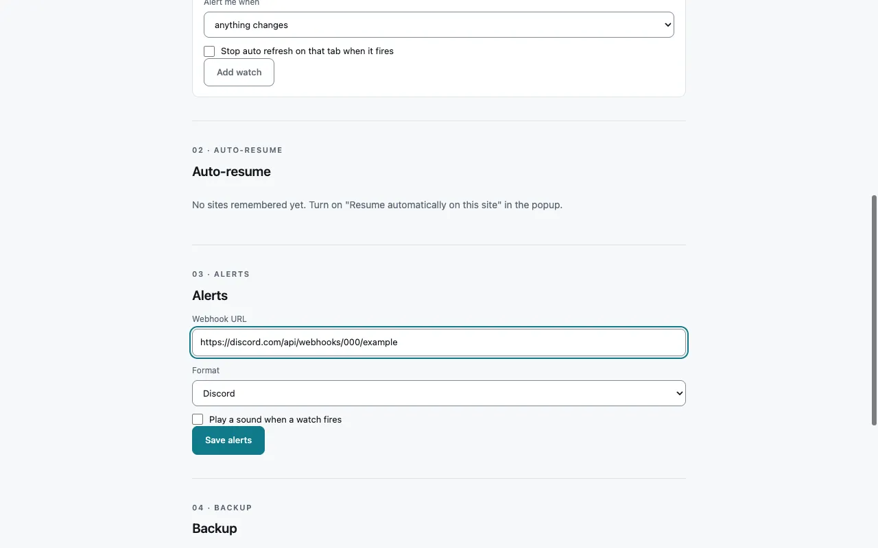 Auto-resume and alerts sections, with a Discord webhook entered and a sound alert option