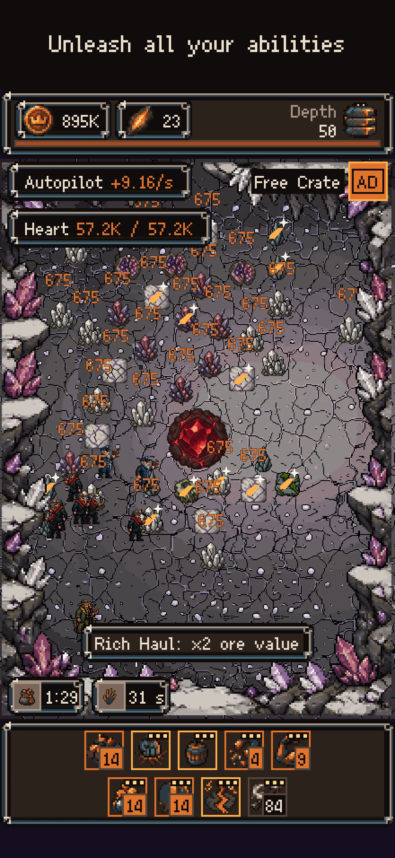 A purple crystal cave full of damage numbers and an ability bar, under the caption Unleash all your abilities