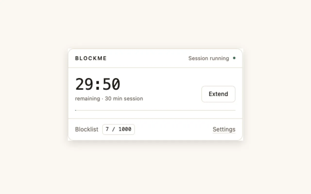 BlockMe popup during a 30-minute focus session, showing the time remaining and an Extend button