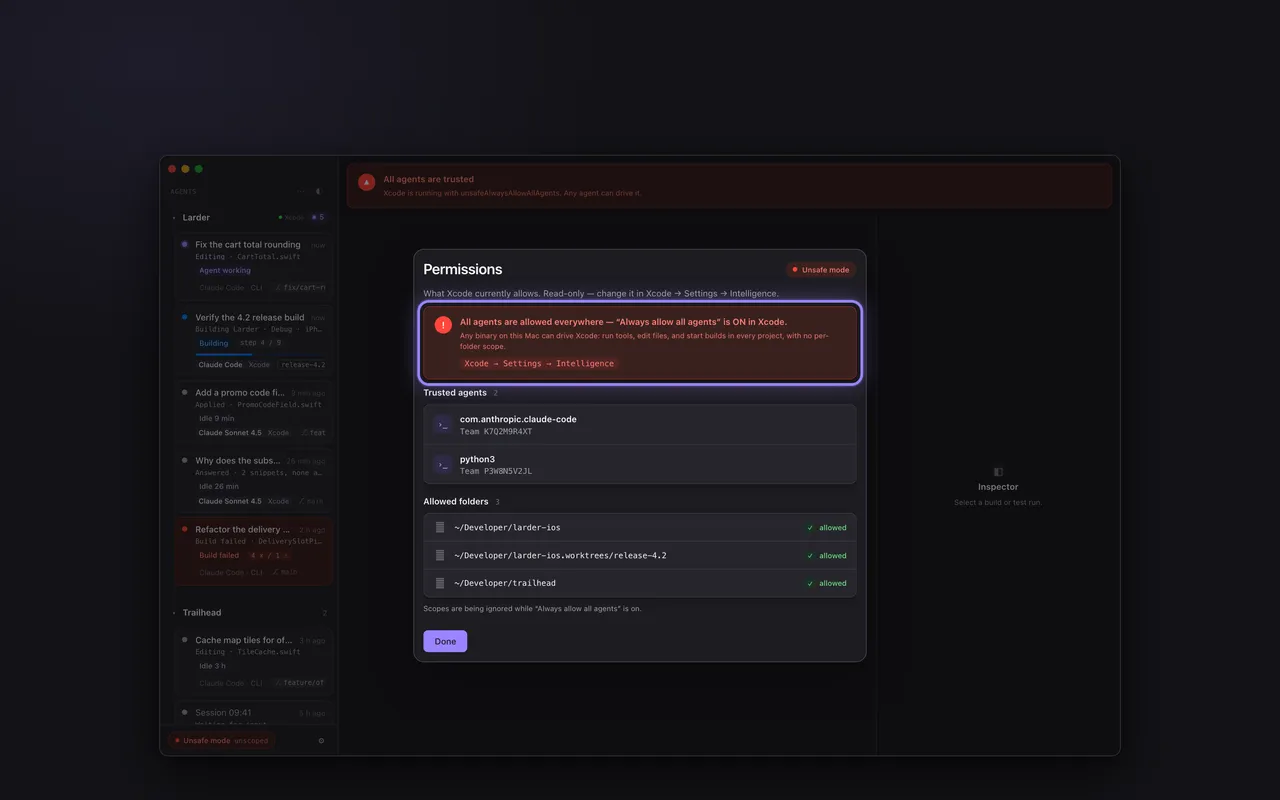 Agent Activity permissions sheet listing trusted agents and allowed folders, with a warning that all agents are currently allowed everywhere