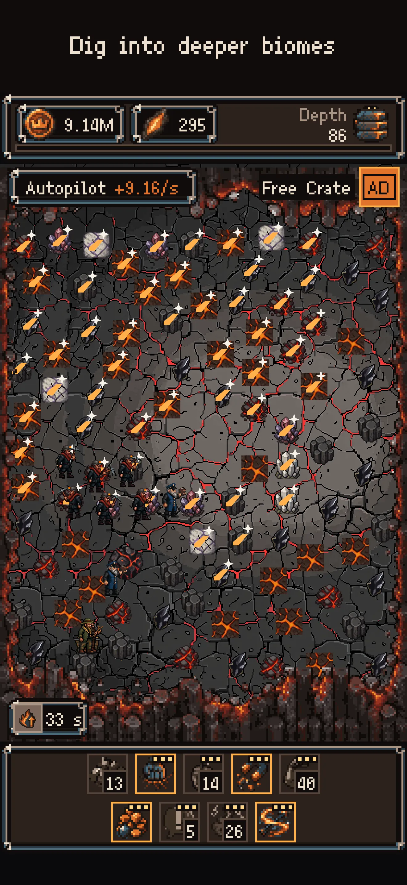A lava biome of cracked black rock glowing orange, under the caption Dig into deeper biomes